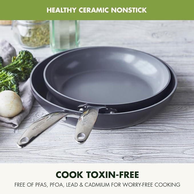 GreenPan Valencia Pro Ceramic Nonstick 10” & 12” Frying Pan Skillet Set, Hard Anodized PFAS-Free Cookware, Induction Ready, All Cooktops, Eggs & Omelets, Dishwasher & Oven Safe to 600F, Gray