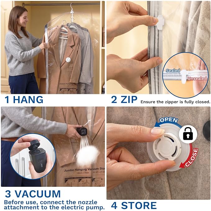 Hanging Vacuum Storage Bags, Space Saver for Clothing, 4 Long with Pump | Vacuum Seal Bags for Clothing with Electric Pump, Hanging Garment Storage for Jackets, Suit, Dresses, Winter Closet Organizer
