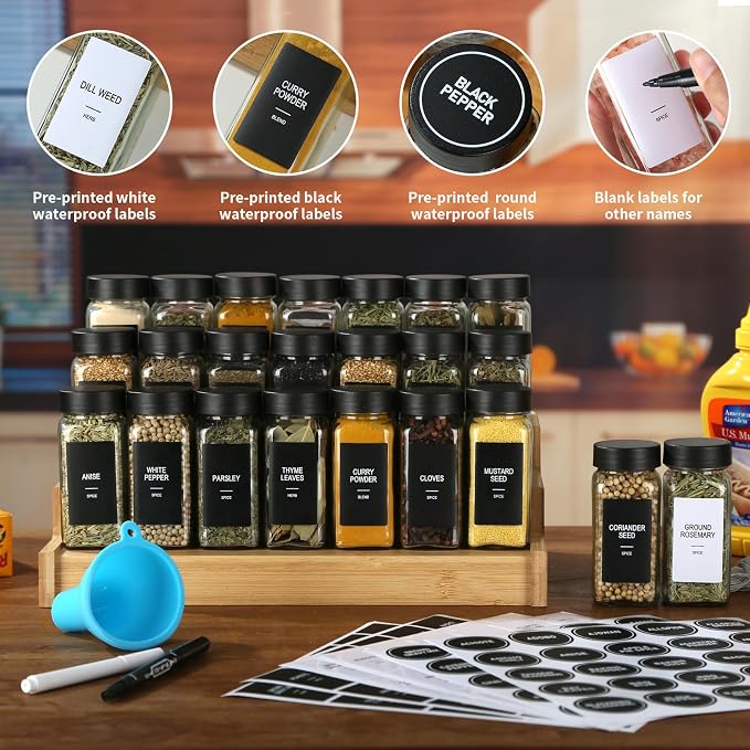48 Glass Spice Jars with Labels, 4oz Spice Containers with Airtight Lids | Black Square Seasoning Containers with Shaker Lids, Empty Spice Bottles for Rack, Kitchen Drawer, 492 Labels, 1 Funnel
