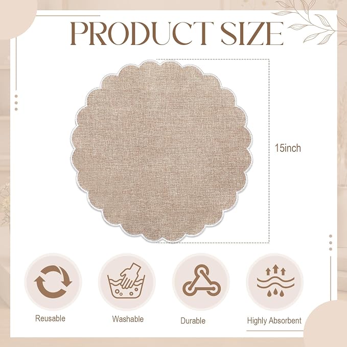 Set of 12 Linen Boho Cotton Placemats 15" Round Scalloped White | Double Layered Cotton Fabric, Washable Embroidery, White Edge Edge, Rustic Table Mats for Wedding Dining Table Decor