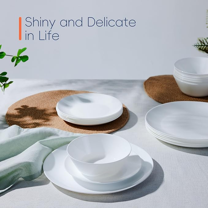Dinnerware Sets for 4, 12 Piece White Opal Glass Dish Set | Plates and bowls with dishwasher and microwave safe features, chip and scratch resistant dishware for everyday use