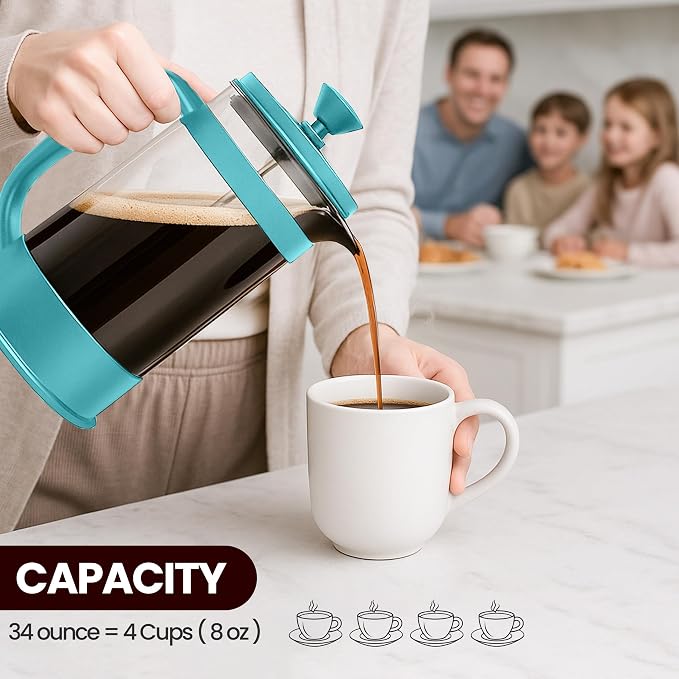 Utopia Kitchen Borosilicate Glass French Press Coffee Maker 34 Oz, Aqua | Heat-Resistant Cafetiere & Tea Maker, Thickened Glass Coffee Press for Travel and Camping