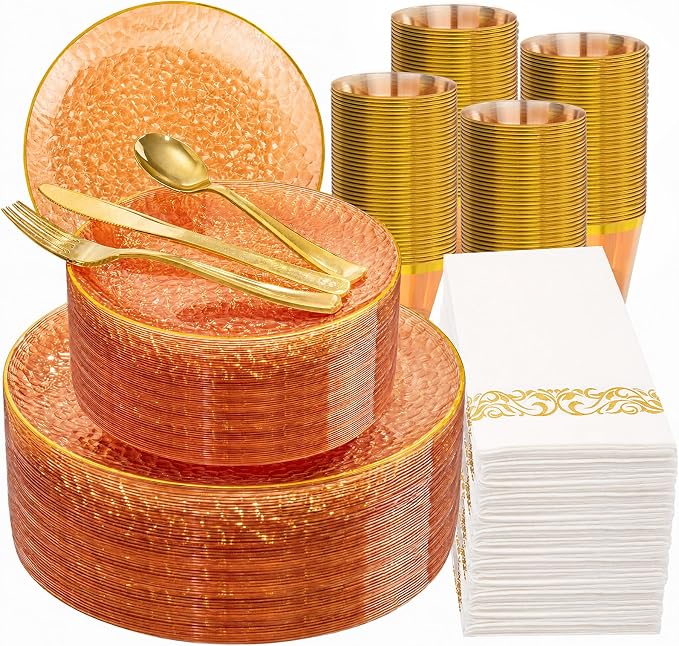 DaYammi 350PCS Clear Orange Plastic Dinnerware Set, Plastic Plates Disposable Hammered Disposable Plates for Party, Include: 50 Dinner Plates 50 Dessert Plates 150 Gold Silverware 50 Napkins 50 Cups