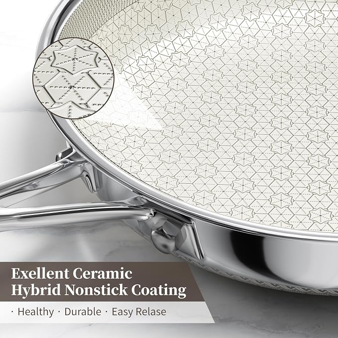 8 Inch Non Stick Frying Pan with Lid, Hybrid Stainless Steel Skillet | Ceramic Hybrid Tri-Ply Stainless Steel Nonstick Skillet, Metal Utensil Safe, Induction & Oven Safe, PFAS/PFOA/PTFE Free