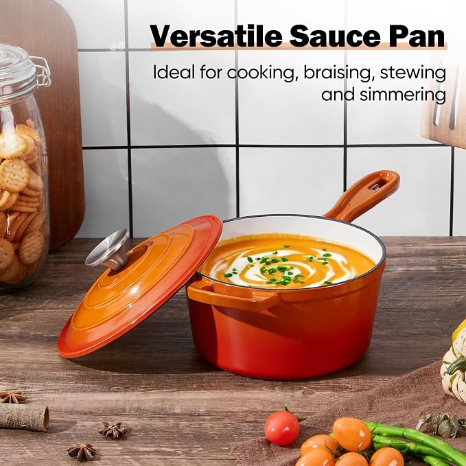Homikit Small Cast Iron Pot, 1 QT Enameled Cast Iron Sauce Pan with Lid, Heavy Duty Enamel Dutch Oven Kitchen Cookware for Making Pasta, Boiling Soup, Warming Milk, Nonstick & Oven Safe, Flame Orange