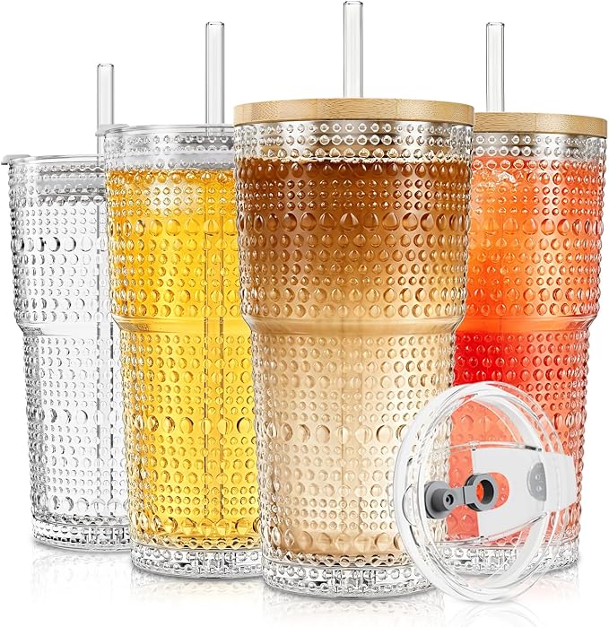 SoulTimes 20oz Hobnail Glass Tumbler with Bamboo Lids and Straws - Iced Coffee Glass Cups for Smoothie, Matcha, Juice, Water etc. Leakproof and Reusable Glassware Drinking for Travel To Go [4 Pcs]