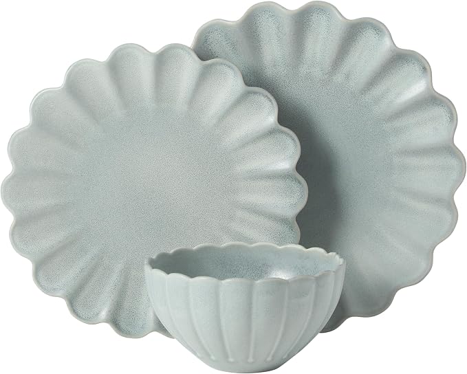 Gibson Elite Bistro Fleur Plates and Bowls Sets, 12-Piece Stoneware Dinnerware Set for 4, Sage Blue Scalloped Dish Set with Dinner Plates, Salad Plates & Bowls