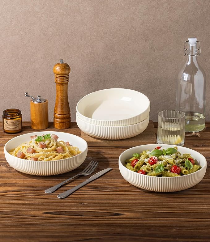 8.5" Ceramic Pasta Bowls Set of 4, Salad Bowls | Versatile Serving Bowls for Pasta, Salad, Fruit & Noodles, Housewarming & Wedding Gift, Beige