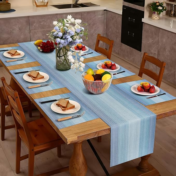 Aofmee Table Runner and Placemats Set of 6 Washable, Heat Resistant Place Mats with Table Runner, Woven Vinyl Table Placemats for Dining Table, Stain Resistant Kitchen Table Mats Sets, Easy to Clean