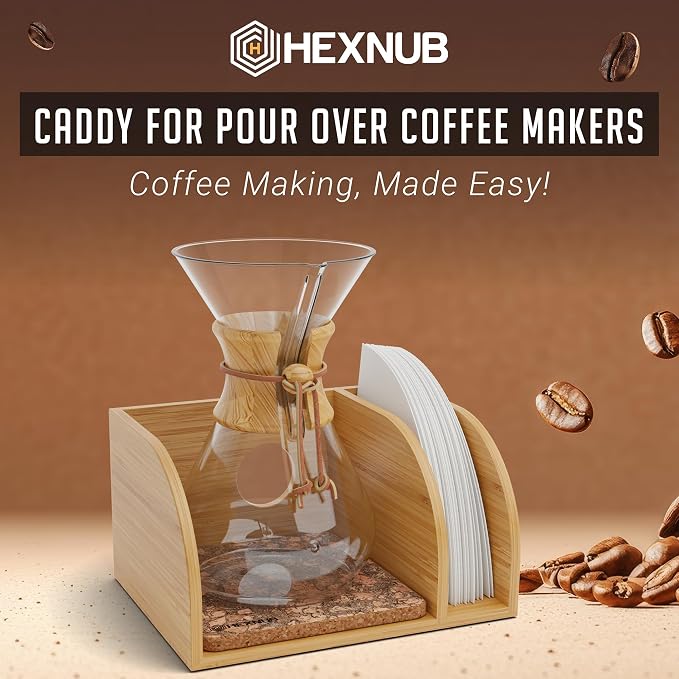 Pour Over Caddy for Chemex Bodum Cosori Coffee Makers Cork | Handmade Bamboo Stand, Filter Holder, Heatproof Mat for a Cleaner Coffee Station