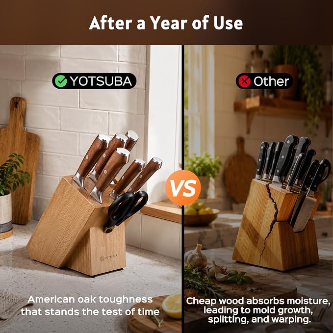 YOTSUBA 8 PCS Japanese Kitchen Knife Set with Block, Ultra Sharp Knives Set | Ergonomic Premium Natural Rosewood Handle, High Carbon Stainless Steel, Full Tang Construction, Poke-Proof Construction