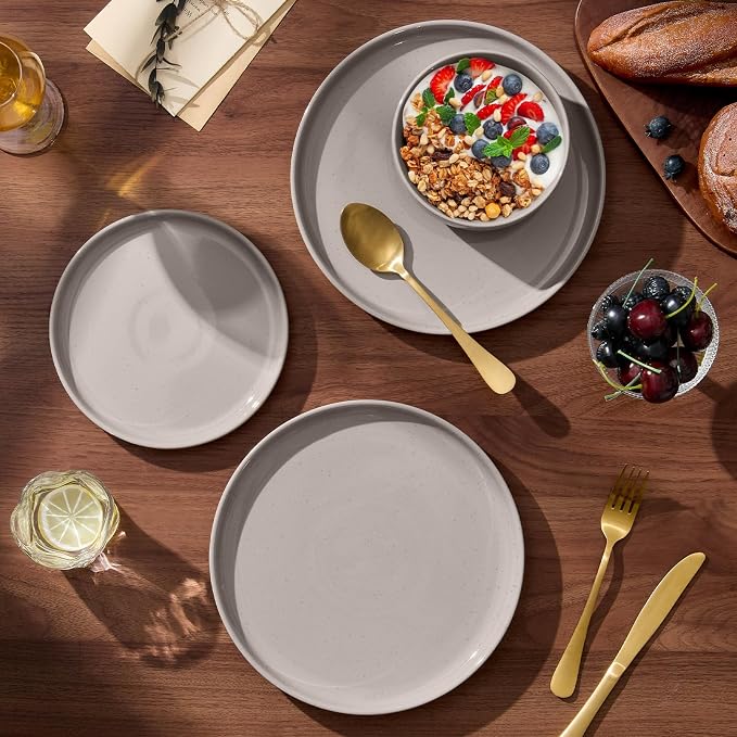 E-far 18-Piece Ceramic Dinnerware Sets, Plates and Bowls Sets for 6, Stoneware Dishware Dishes Set with Terracotta Base, Chip & Scratch Resistant, Microwave & Dishwasher Safe, Speckled Khaki
