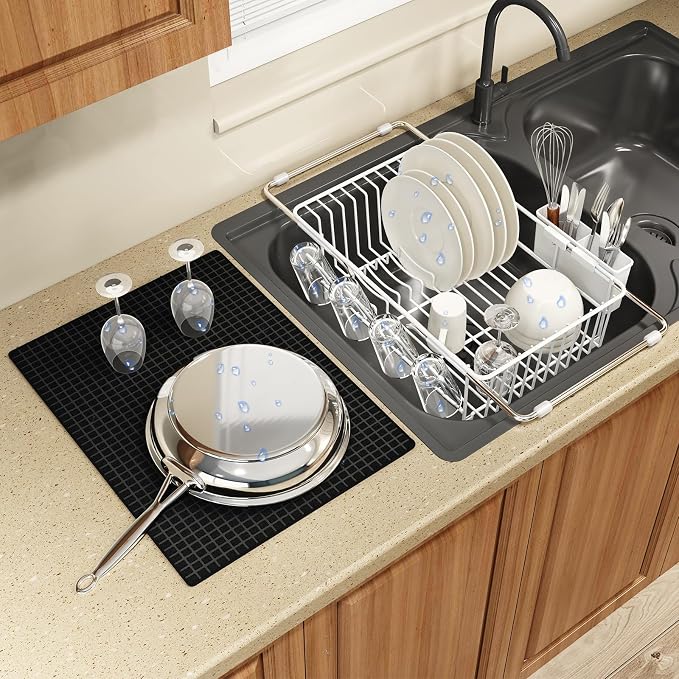 White Dish Drying Rack Over The Sink with Utensil Holder, Mat | Expandable Stainless Steel Dish Drainer for Small Kitchen, Apartment, RV, Counter Space Saving, Perfect Fit, Rustproof