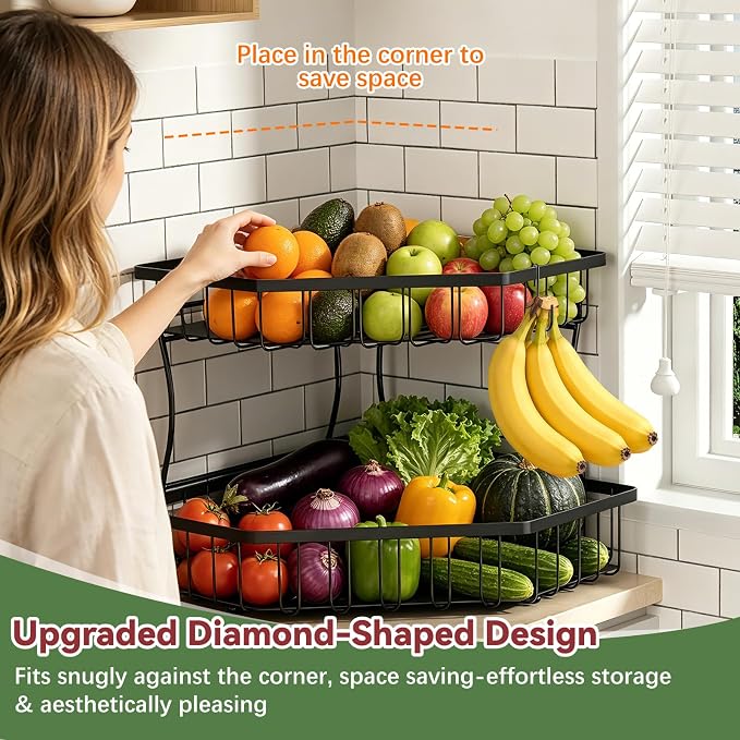 2 Tier Fruit Basket Extra Large with 2 Banana Hangers for Corner | Detachable Metal Fruit Bowl with Wooden Handle, Large Capacity Fruit Stand for Bread Fruit and Vegetable Storage, Black