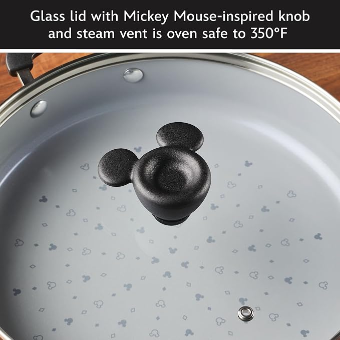 Farberware Disney Monochrome Ceramic Cookware Nonstick Saute Pan with Lid and Helper Handle, Dishwasher Safe, 4.5 Quart - Black