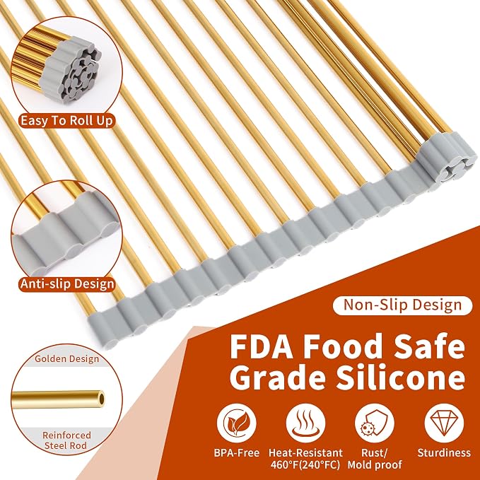 Extra Large Golden Roll-UP Dish Drying Rack-Stainless Steel Dish Drainer Over The Sink for Kitchen Countertop,Applicable for Sink Width Less Than 19in (Gold,20.5'x 13.2')