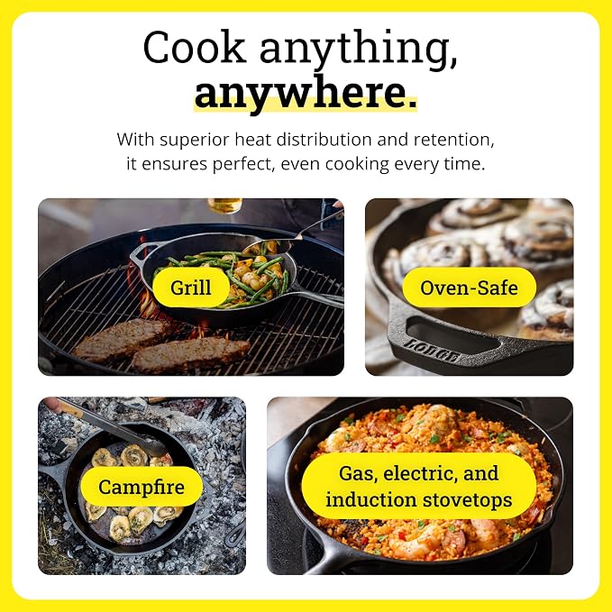 Lodge Cast Iron Set - 4-Piece Set - Pre-Seasoned Kitchen Set - Skillet, Griddle & Dutch Oven Included - PFAS-Free Non-Toxic Cookware