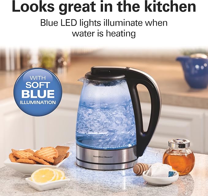Hamilton Beach 1 Liter Electric Tea Kettle, Water Boiler & Heater | Fast Boiling 1500 Watts | BPA Free | Cordless Serving | Auto-Shutoff & Boil-Dry Protection | Blue LED | Clear Glass