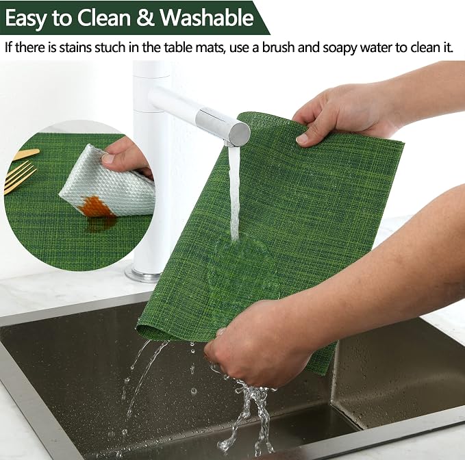 SLKQG Green Placemats Set of 8 - Wipe Clean Vinyl Placemats - Washable Heat Resistant PVC Placemats for Dining Table - 17x12 Inch (Green, 8)