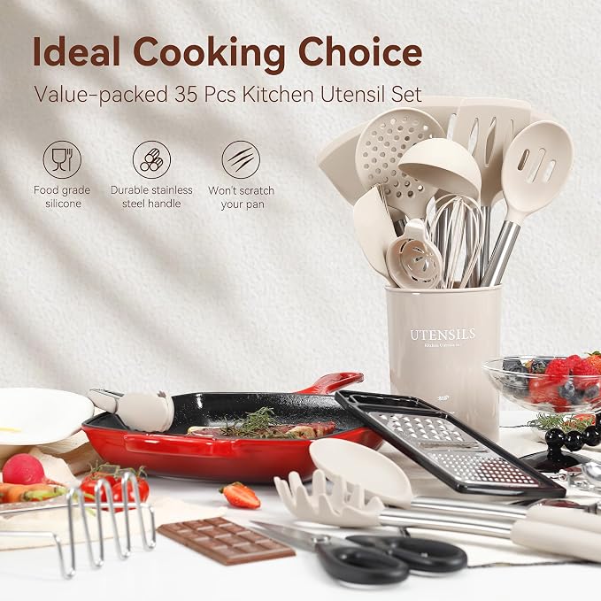 NCUE 35 Pcs Silicone Cooking Utensils Set BPA Free 446°F Heat Resistant | Stainless Steel Handles Kitchen Utensils Set, Thickened Heads Silicone Grips Nonstick Dishwasher Safe for Baking Housewarming