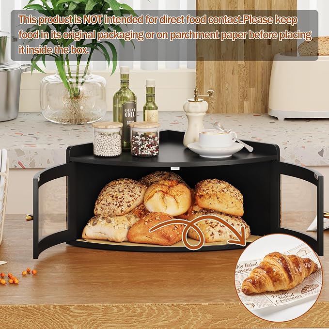 Trironsun Corner Bread Box for Kitchen Counter with Acrylic Transparent Door Bamboo Large Capacity Bread Storage Bin Fan Shape Breadbox Holder for Homemade Bread (Black 1 Layer)