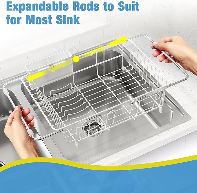 JASIWAY White Dish Drying Rack in Sink, Dish Drainer with Utensil Holder | Over The Sink Expandable Stainless Steel Strainer Dryer Rack for Small Kitchen, Counter Space Saving, Fast Drain, Rustproof
