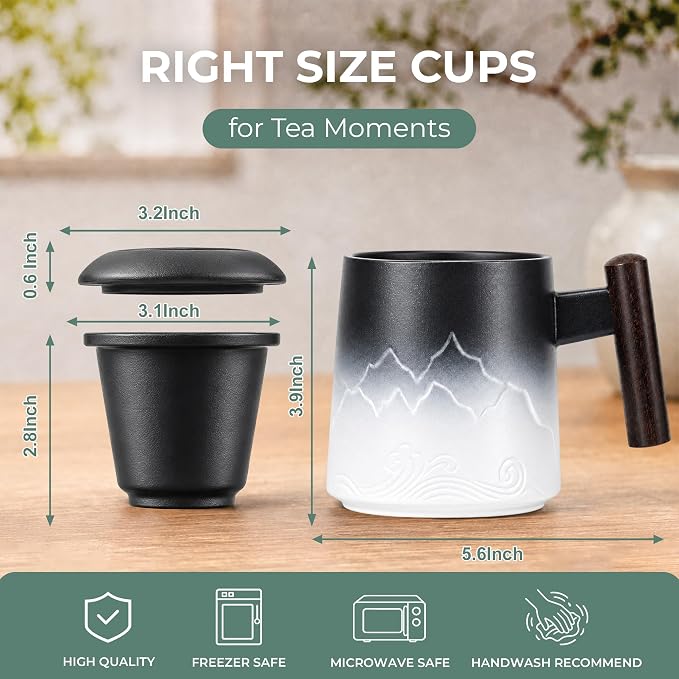 Tea Cup with Infuser and Lid, White & Black | 14oz Ceramic Tea Mug with Lid, Loose Leaf Tea Steeper Cup with Wood Handle for Tea Lovers Gifts