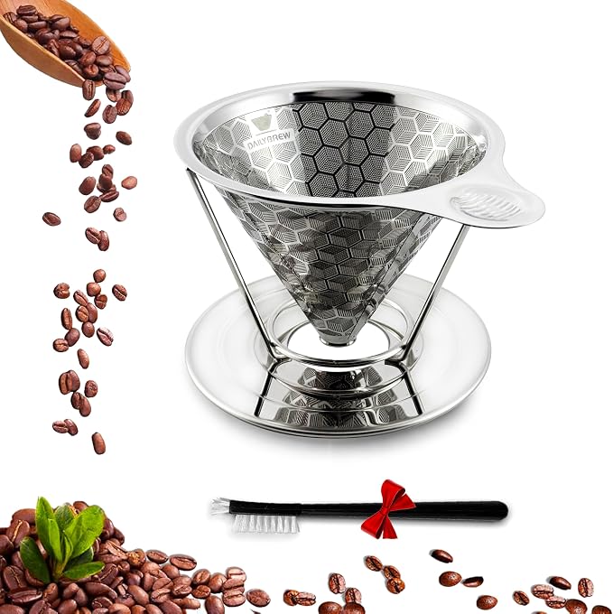 Pour over Coffee Dripper, Triple Layer Stainless Steel Cone Coffee Filter, 4 Cup Non-Electric Manual Portable Drip Coffee Maker, Metal Cone Cafe Coffee Dripper