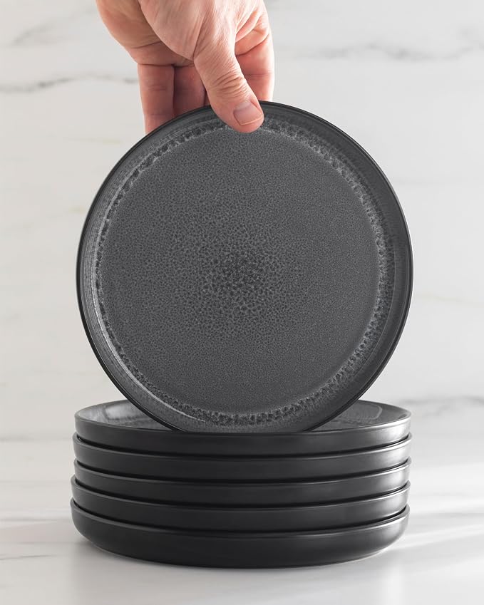 24 Piece Stoneware Dinnerware Set for 8 - Handmade Reactive Glaze Plates and Bowls Set - Lead & Cadmium Free - Chip & Scratch Resistant - Dishwasher Microwave Safe - Dark Gray
