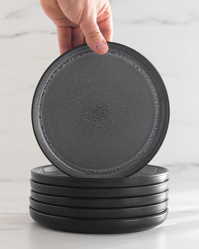 16 Piece Stoneware Dinnerware Set for 4 - Handmade Reactive Glaze Plates and Bowls Set - Chip & Scratch Resistant Dish Set - Dishwasher Microwave Safe - Dark Gray