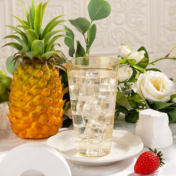 I00000 16 oz Gold Plastic Cups, 100 Pack Gold Glitter Plastic Cups Tumblers Disposable Party Cups Wedding Cups, Heavy-duty Plastic Disposable Cups Ideal for Wedding & Party
