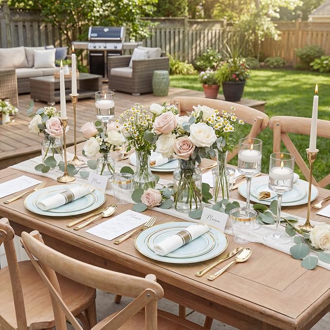 175PCS Sage Green Plastic Plates - Heavy Duty Green Plates Disposable - 25Guests Plastic Dinnerware with Rolled Napkins for Birthday/Baby Shower