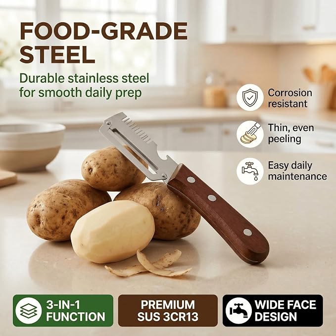 2.5mm Stainless Steel peeler with Wooden Handle - Shredding Knife or vegetables - Elite Multifunction vegetable & fruit Peeler knife - y-peeler for vegetables, Food Prep & Garnishing (2pcs)