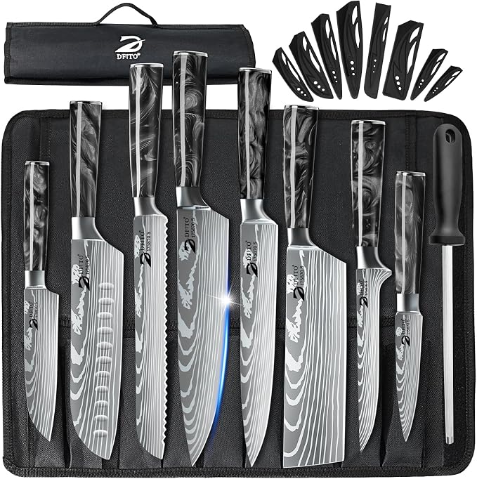 Chef Knife Sets with Roll Bag, 9 Pieces Professional Knife Set | High Carbon Stainless Steel Kitchen Knife Set with Sharpener, Black Resin Handle, Kitchen & Home Cooking, Dishwasher Safe