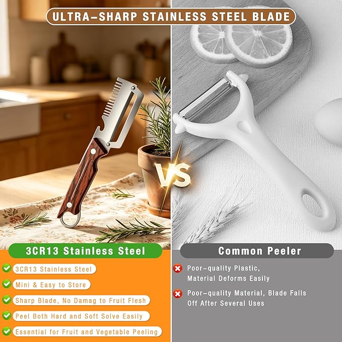 2PCS Multifunctional Vegetable Peeler, 3 in 1 Multi-function Stainless Steel Thickened Fruit Peeler Knife With wooden handle & bottle opener and grater for Peeling Fruits and Shredding Scallions
