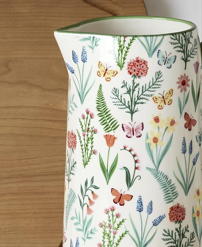 Oneida First Blooms Ceramic Pitcher, 50oz | butterfly and flower design, dishwasher safe | spring table decor | 9 inch, 50oz, gift for women, table decor item