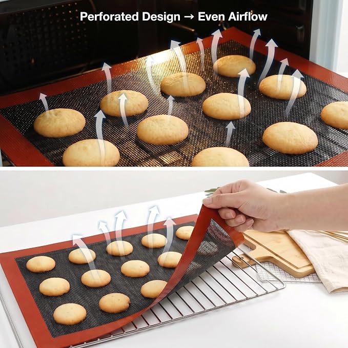 Perforated Silicone Baking Mats - Eclair Mat, Full Sheet 15x23in, Pack of 2 | Eclair Silicone Baking Mat, Nonstick Reusable Breathable Air Mat, Heat Resistant, For Pizza, Pastry, Pie Crust, Sugar Cookie