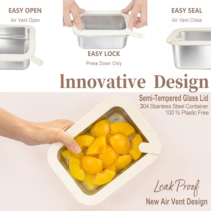 Stainless Steel Food Containers with Glass Lid, Airtight Leakproof Stainless Steel Storage Containers in set of 3, Rectangle Shape, Microwave Safe Food Storage Container Set, 100% Plastic Free