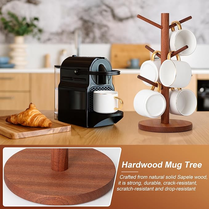 MyLifeUNIT Mug Holder Tree, Coffee Cup Holder with 6 Hooks (Reddish Brown) | Anti-slip padded bottom, space-saving compact design, easy air drying, sturdy tip-resistant structure