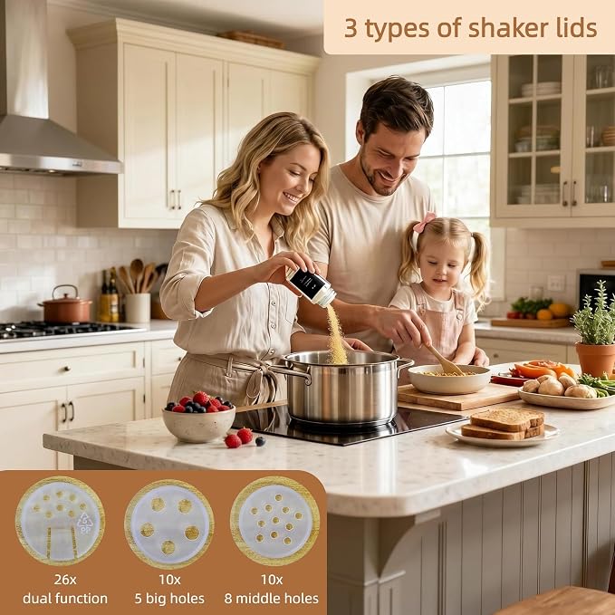 Glass Spice Jars with Labels, Seasoning Jars; 26 Pcs Stainless Steel Lids/Airtight Lids Keep Spice Fresh; Pepper Grinder Lid, 360 Labels, Funnel and Brush, Shaker Inserts; 4 oz Jar Set