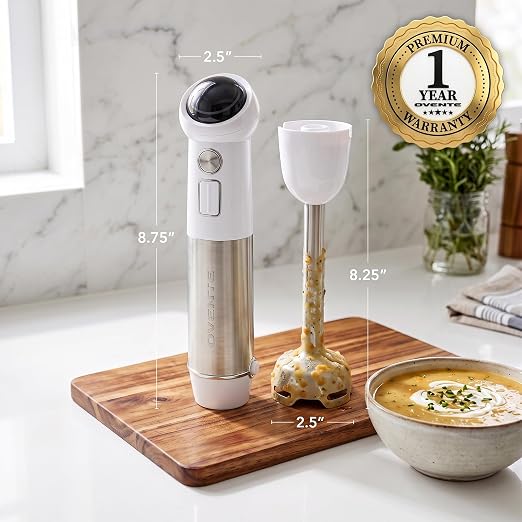 OVENTE Cordless Immersion Hand Blender, 300W Rechargeable White HR995W | Handheld Portable Mixer with Speed Pulse Activating Sensor and Stainless Steel Blades for Smoothies, Shakes, or Baby Food
