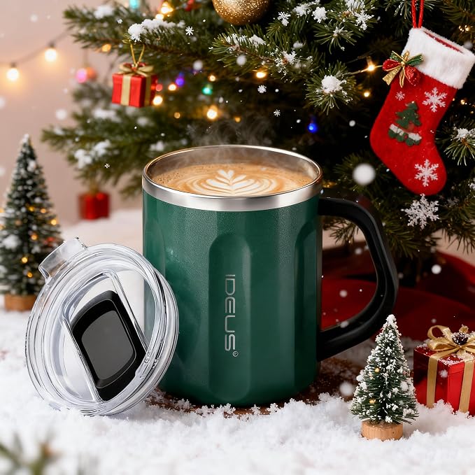 Ideus 16 oz Insulated Coffee Mug with Handle and Lid, Double Wall Stainless Steel Vacuum Thermal Coffee Mug, Travel Coffee Cup Thermal Cup for Home and Office, Deep Green-FUJI FLOW
