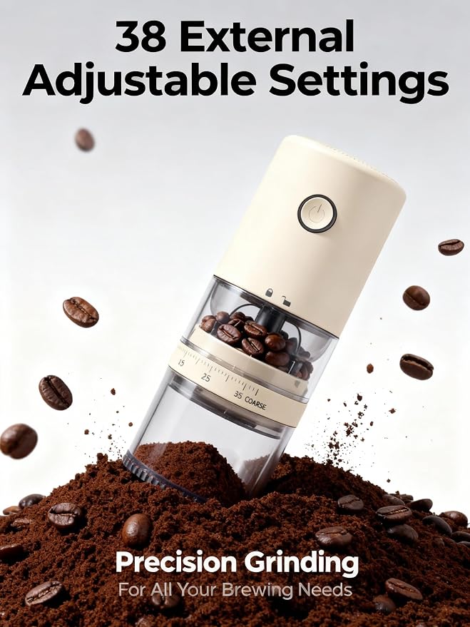 LAMIDO Portable Electric Burr Coffee Grinder - Grind While Charging - Visual Bean Hopper - 38 External Grind Settings - 1.8X Faster Grinding - 2000 mAh Battery for Travel, Camping (Light Beige, E96T)