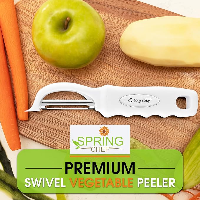 Spring Chef Swivel Potato Peeler for Kitchen with Ergonomic Handle, White | Premium Vegetable Peeler w/ Sharp Stainless Steel Blades, Multifunctional Food Peeler for Apple, Carrot, Cucumber, Fruit