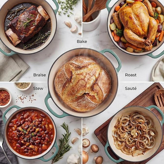 Zulay Kitchen 6.4QT Enameled Cast Iron Dutch Oven Pot with Lid, Heavy-Duty Soup Pot for Stews, Braising, Roasting & Sourdough Bread Baking, Oven Safe up to 500°F - Aventurine