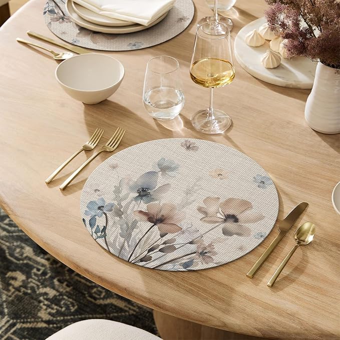 Artoid Mode Brown Poppy Floral Round Placemats Set of 4, 14 Inch Washable Non-Slip Plastic Woven Plastic PVC Place Mats for Farmhouse Party Dining Decor