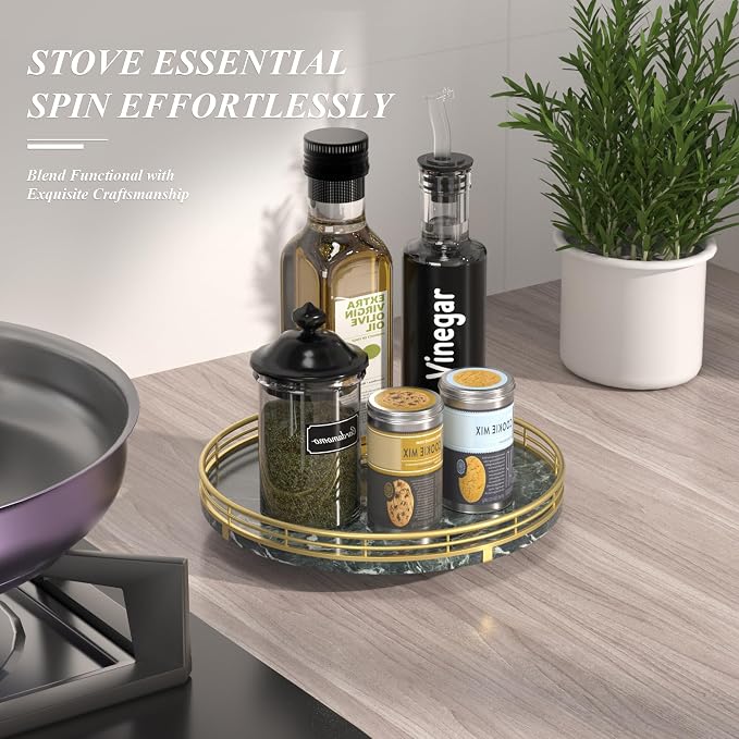 AMH 10-Inch Green Marble Lazy Susan with Gold Frame | Smooth rotating oak tray with walnut finish for dining tables, kitchen counters, pantries and cabinet storage.