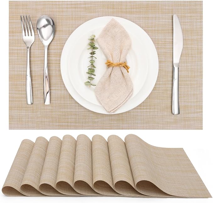Myir JUN Placemats Set of 8 Kitchen and Dining Table Placemats | Vinyl Placemats Place Mats Indoor/Outdoor Set of 8 Washable Table Mats Non-Slip Place mats for Dining Table, Beige