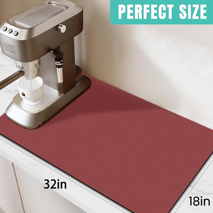 Coffee Mat Super Absorbent Dish Drying Mat Coffee Bar Mat 18"x 32", Red | Match with Coffee Machine Accessories Large Drying Mats for Kitchen Counter