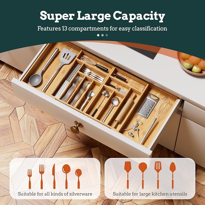 Silverware Organizer Large, Magnetic Connected Expandable 13 Slots Silverware Drawer Organizer From 21 to 37.4 Inches, Adjustable Flatware and Cutlery Holder, Bamboo Utensil Tray for Kitchen Natural